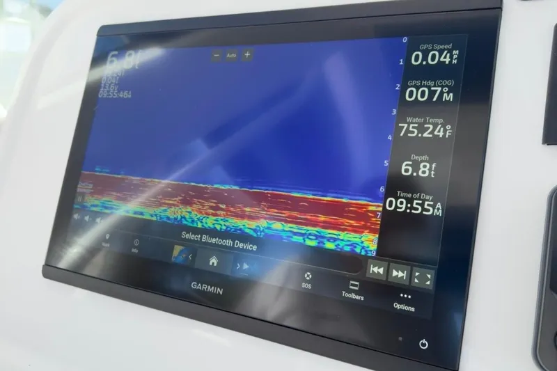  Yacht Photos Pics Garmin marine display on 2022 Intrepid 407 Panacea showing sonar and navigation data.