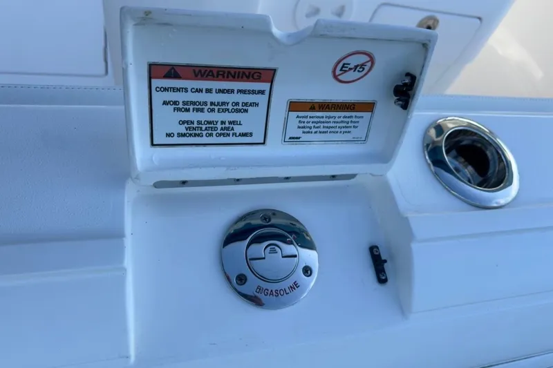  Yacht Photos Pics Fuel cap and warning labels on a 2022 Intrepid 407 Panacea boat.
