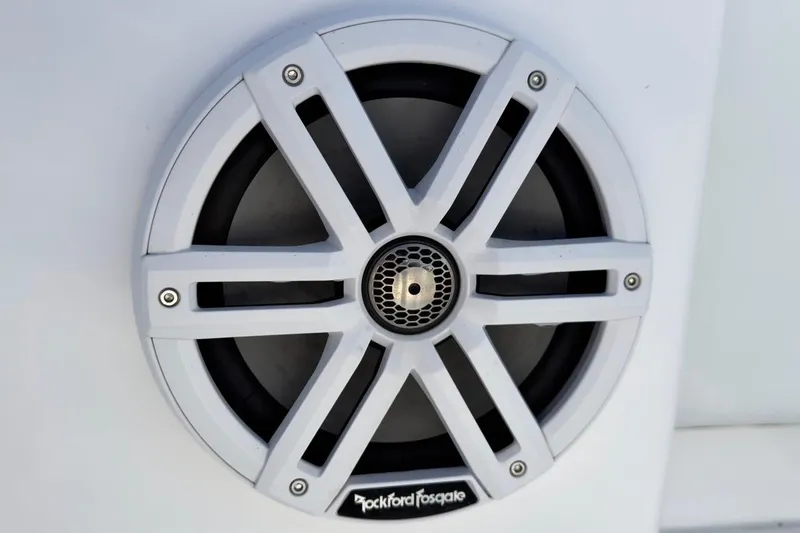  Yacht Photos Pics Rockford Fosgate speaker on 2022 Intrepid 407 Panacea boat, featuring sleek white design.