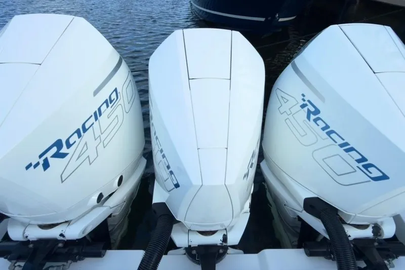  Yacht Photos Pics Triple Mercury Racing 450R outboard engines on a 2022 Intrepid 407 Panacea boat.