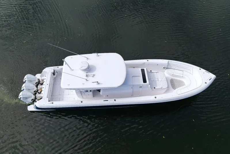  Yacht Photos Pics 2022 Intrepid 407 Panacea boat on water, aerial view.
