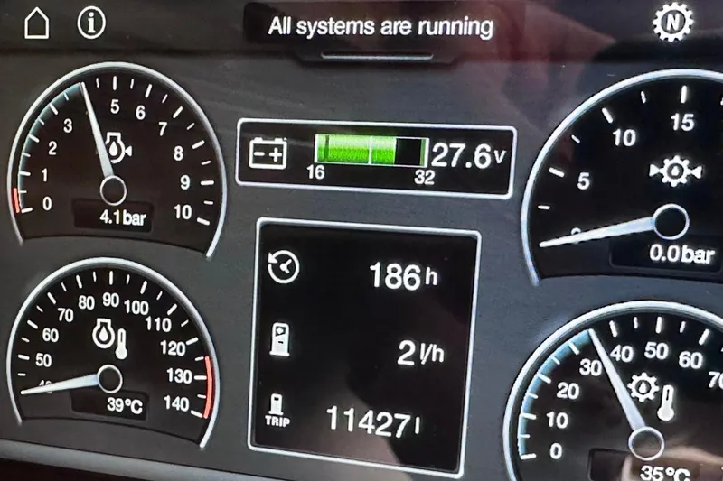  Yacht Photos Pics Dashboard of 2023 Princess S62 showing gauges, pressure, temperature, and system status.
