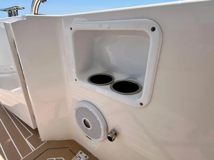 Waterlee Yacht Photos Pics 2019 MJM 35z boat interior with cup holders and speaker on deck.