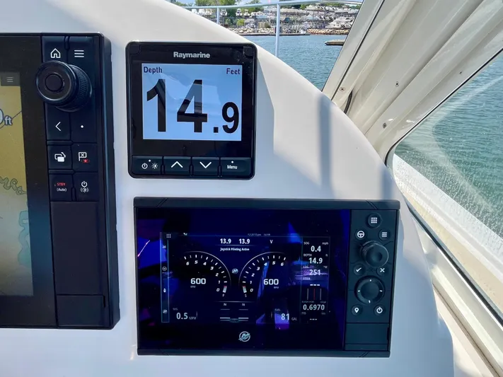 Waterlee Yacht Photos Pics MJM 35z 2019 boat dashboard with Raymarine depth display showing 14.9 feet.