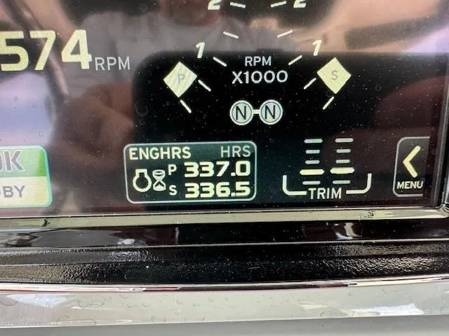 Boston Whaler 330 Outrage Yacht Photos Pics Close-up of a 2016 Boston Whaler 330 Outrage engine hour display showing 337.0 and 336.5 hours.