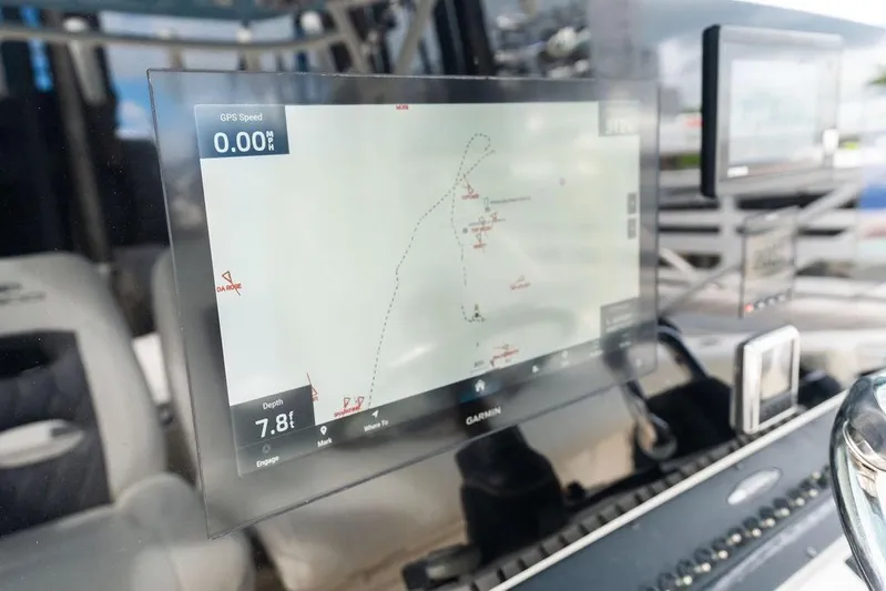  Yacht Photos Pics Garmin navigation display on 2021 Cobia 350 Center Console boat dashboard.