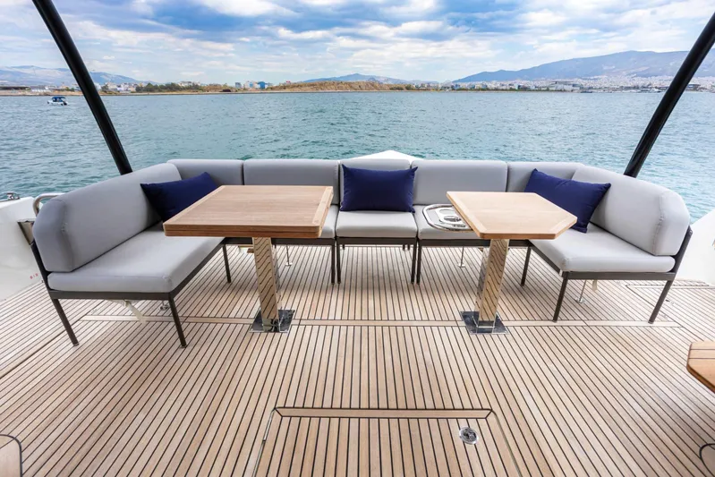  Yacht Photos Pics Luxurious seating area on 2024 Prestige M48 yacht with ocean view.