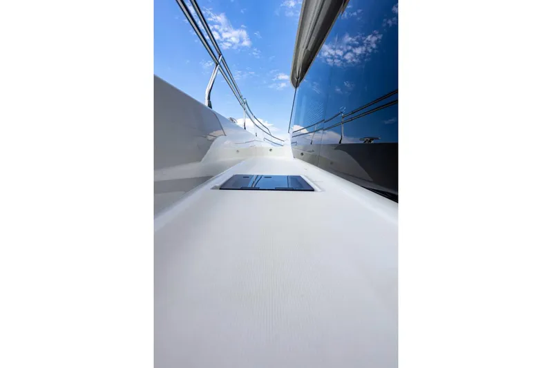  Yacht Photos Pics 2024 Prestige M48 yacht deck with sleek design and clear blue sky.