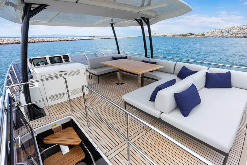  Yacht Photos Pics Luxurious 2024 Prestige M48 yacht deck with elegant seating and ocean view.