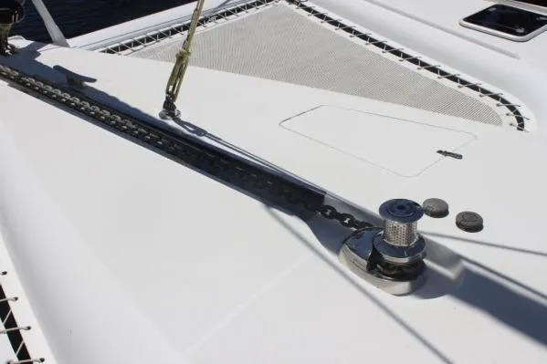 Jobsite Yacht Photos Pics Deck of 2006 Alliaura Marine Privilege 435 EZC catamaran with anchor chain and winch.