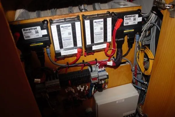 Jobsite Yacht Photos Pics Electrical panel with Maretron components on 2006 Alliaura Marine Privilege 435 EZC yacht.