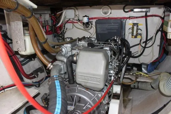Jobsite Yacht Photos Pics Engine room of 2006 Alliaura Marine Privilege 435 EZC with visible wiring and components.