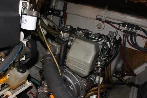 Jobsite Yacht Photos Pics Engine compartment of 2006 Alliaura Marine Privilege 435 EZC catamaran, showcasing mechanical components.