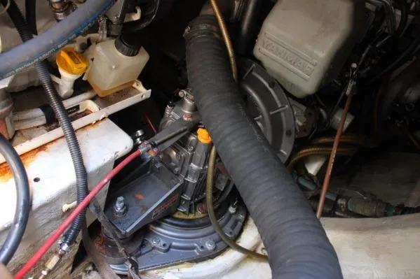 Jobsite Yacht Photos Pics Engine compartment of 2006 Alliaura Marine Privilege 435 EZC catamaran, showcasing mechanical components.