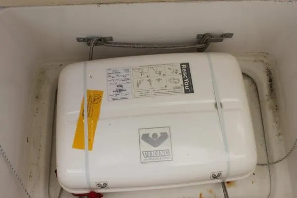 Jobsite Yacht Photos Pics Viking RescYou liferaft on 2006 Alliaura Marine Privilege 435 EZC catamaran.