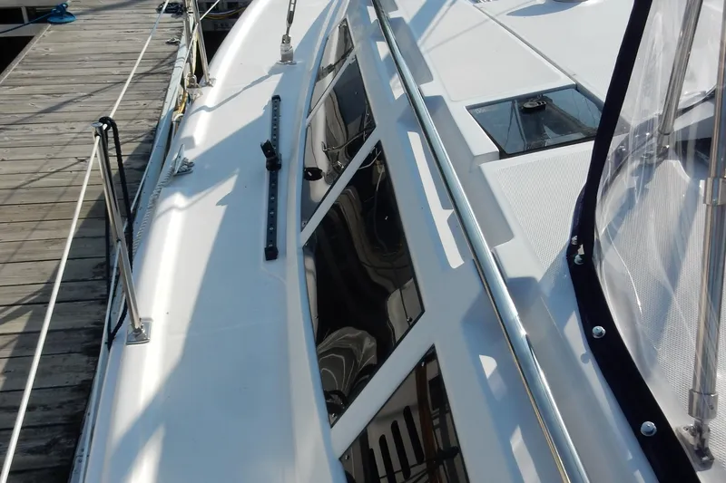 Antares Yacht Photos Pics 2011 Hunter 39 sailboat deck with sleek design and modern fittings.