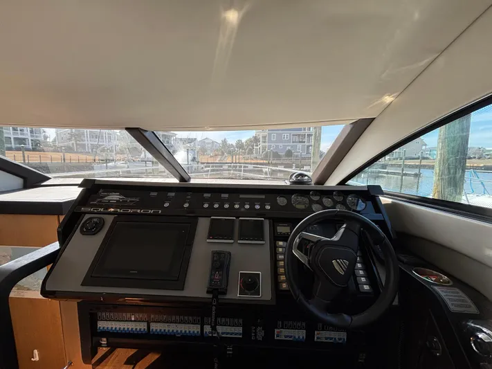 Sawbones Yacht Photos Pics 2015 Fairline Squadron 42 yacht helm with modern controls and waterfront view.