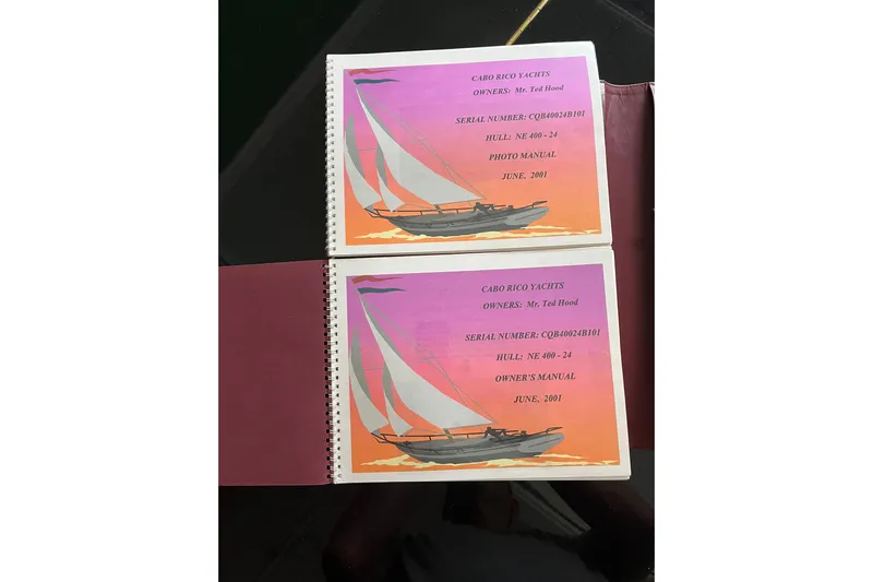 Spirit Yacht Photos Pics Manuals for 2001 Cabo Rico Northeast 400 yacht, featuring vibrant sailboat illustrations.