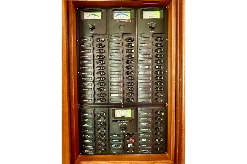 No Rules Yacht Photos Pics Electrical control panel on a 2003 Grand Banks Eastbay 43 HX yacht.