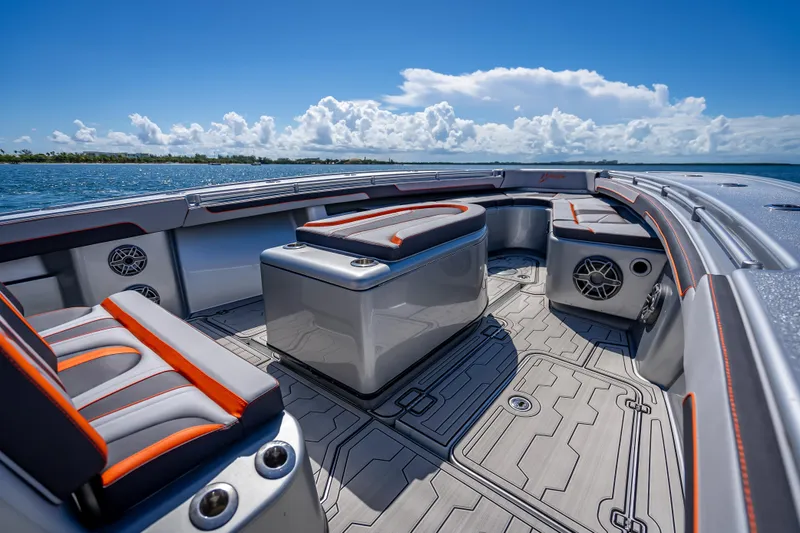  Yacht Photos Pics 2012 Yellowfin 39 boat interior with sleek seating and modern design on open water.