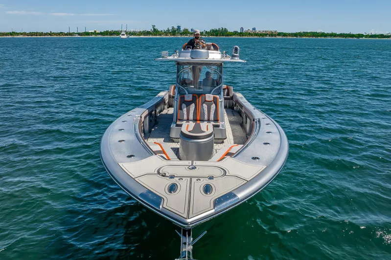  Yacht Photos Pics 2012 Yellowfin 39 boat on open water, sleek design, clear day.