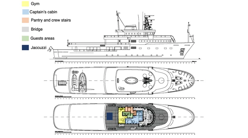 Tribu Yacht Photos Pics Blueprint of 2007 Mondomarine Explorer yacht, featuring gym, captain's cabin, and jacuzzi.