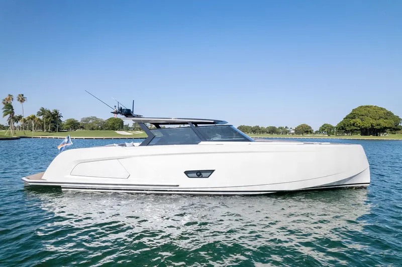 The Next Trade Yacht Photos Pics 2022 Vanquish Yachts VQ58 luxury yacht on calm water, clear sky background.