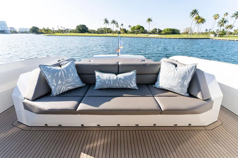 The Next Trade Yacht Photos Pics Luxurious seating on 2022 Vanquish Yachts VQ58 with scenic water view.