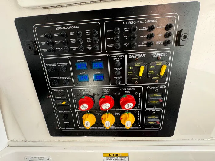  Yacht Photos Pics Control panel of a 2020 Sea Fox 288 Commander boat, featuring various circuit switches.