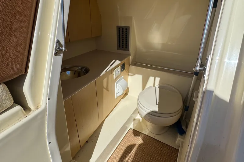  Yacht Photos Pics 2018 Chris-Craft Calypso 30 boat interior with compact bathroom amenities.