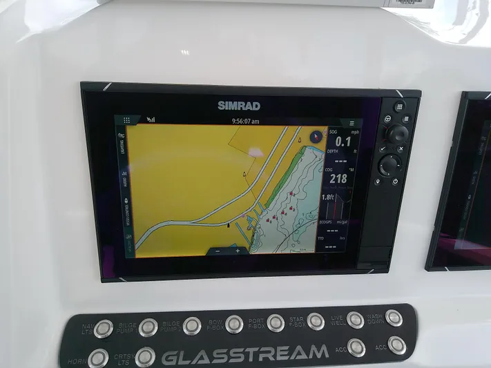  Yacht Photos Pics Simrad navigation display on 2025 Glasstream 328 SCX boat dashboard.