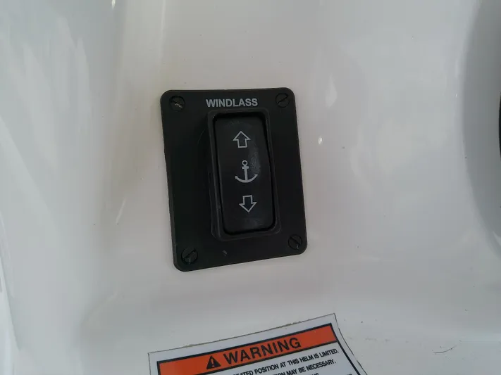  Yacht Photos Pics Windlass control panel on 2025 Glasstream 328 SCX boat with warning label.