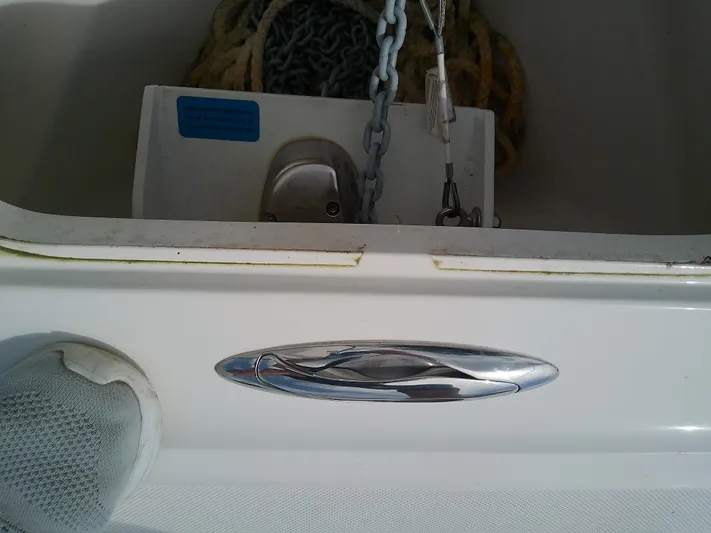  Yacht Photos Pics 2025 Glasstream 328 SCX boat anchor compartment with chain and rope.