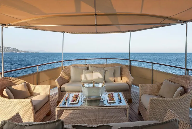 Le Kir Royal Yacht Photos Pics Luxurious 1966 Van den Akker Le Kir Royal yacht deck with elegant seating and ocean view.