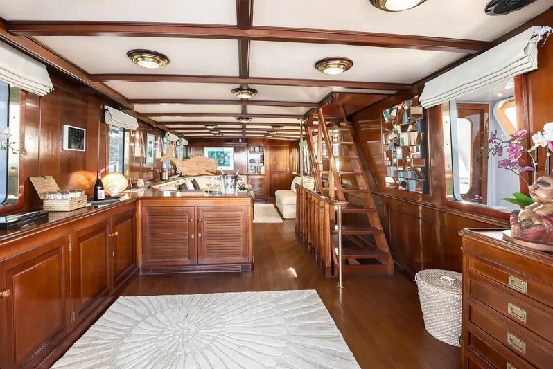 Le Kir Royal Yacht Photos Pics Luxurious wooden interior of 1966 Van den Akker Le Kir Royal yacht with elegant furnishings.