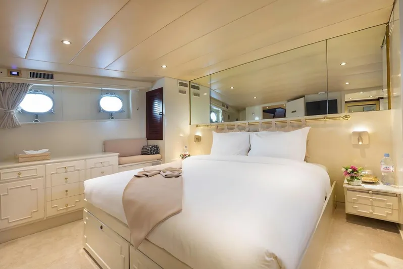 Le Kir Royal Yacht Photos Pics Luxurious cabin interior of 1966 Van den Akker Le Kir Royal yacht with elegant decor.