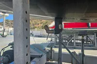 2017 Hanse 455 sailboat on dry dock, showing propeller and hull details.