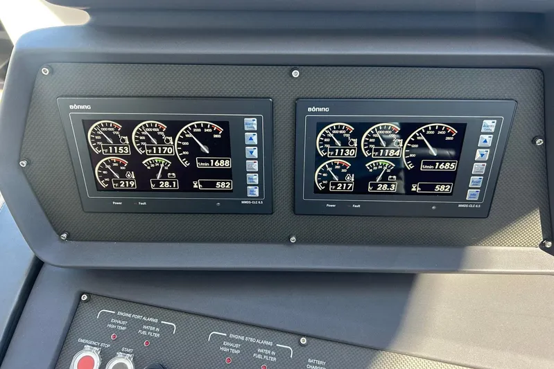 Habeas Orcas Yacht Photos Pics Digital dashboard of a 2020 Pershing 62 yacht displaying engine metrics.