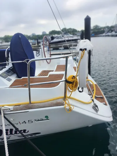 Vilia Yacht Photos Pics Jeanneau 45DS sailboat docked, showcasing deck and railing, 2010 model.