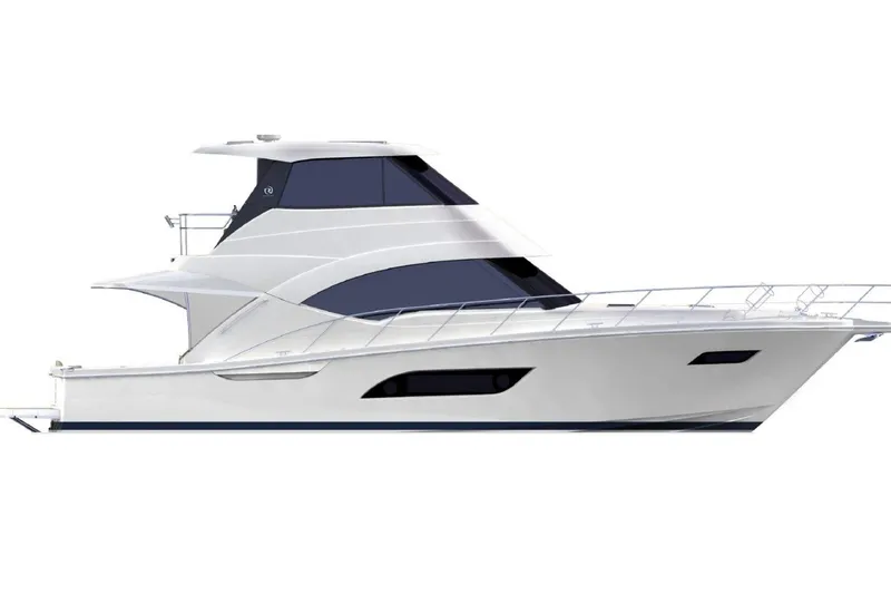 Buzz Yacht Photos Pics 2020 Riviera 57 Enclosed Flybridge yacht, sleek design, side view, white and navy accents.