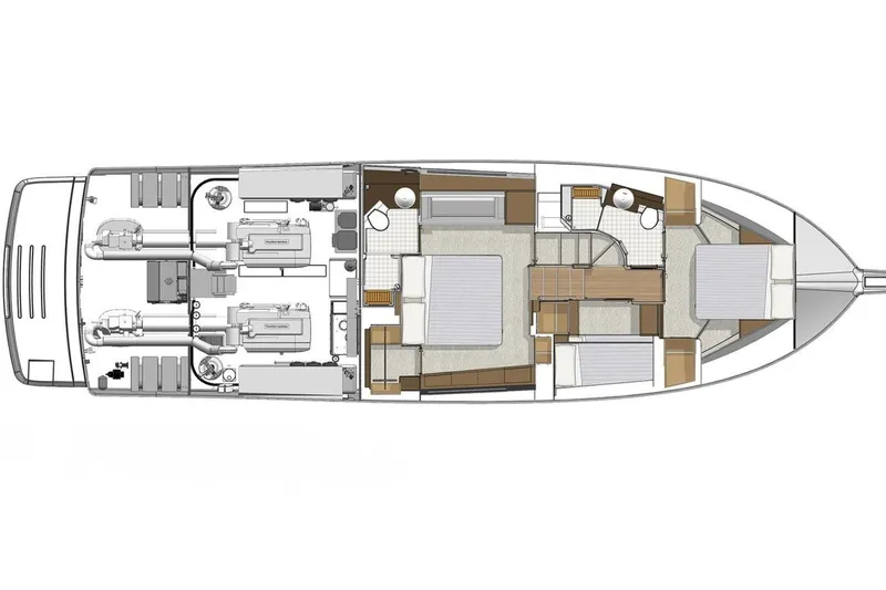 Buzz Yacht Photos Pics Floor plan of 2020 Riviera 57 Enclosed Flybridge yacht, showcasing engine room and cabin layout.