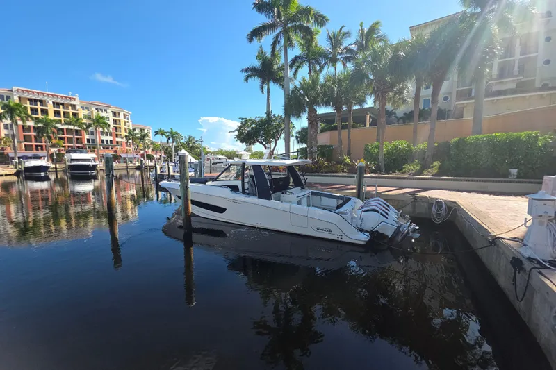 Bft Yacht Photos Pics 2021 Boston Whaler 420OR docked at a sunny marina with palm trees.