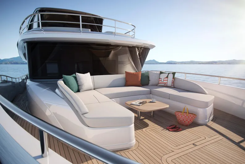  Yacht Photos Pics Luxurious 2025 Princess X80 yacht with elegant deck seating and scenic ocean view.