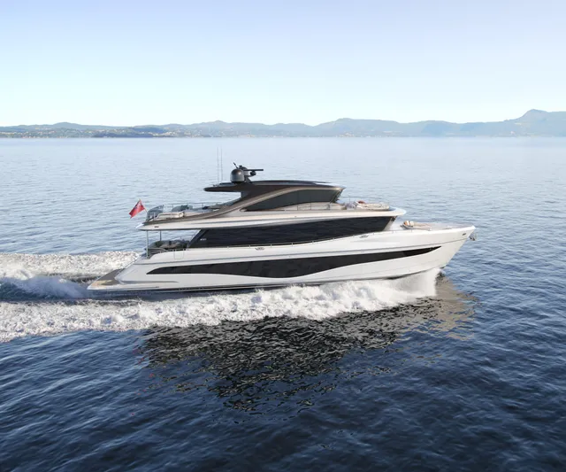  Yacht Photos Pics Luxury 2025 Princess X80 yacht cruising on open water.