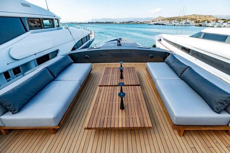 Eva Yacht Photos Pics Luxurious deck of 2009 Tecnomar Velvet 36 EVA yacht with elegant seating and sea view.