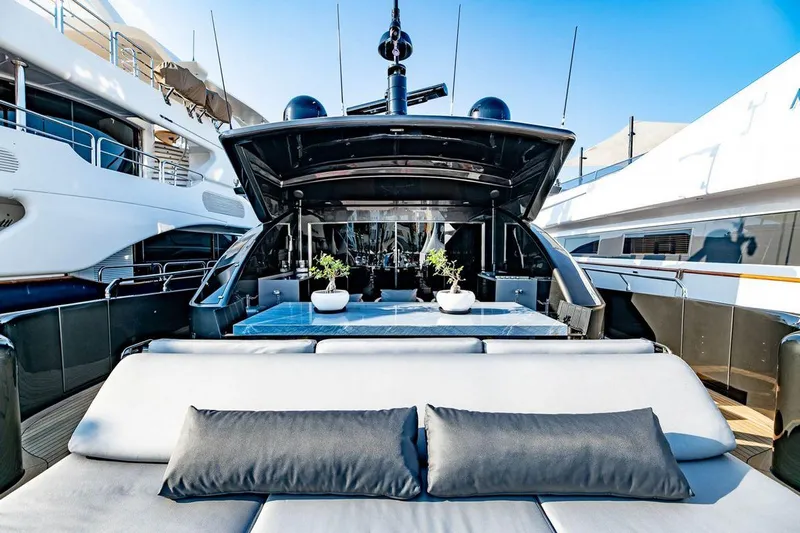 Eva Yacht Photos Pics Luxurious Tecnomar Velvet 36 EVA yacht, 2009 model, featuring elegant outdoor seating and dining area.