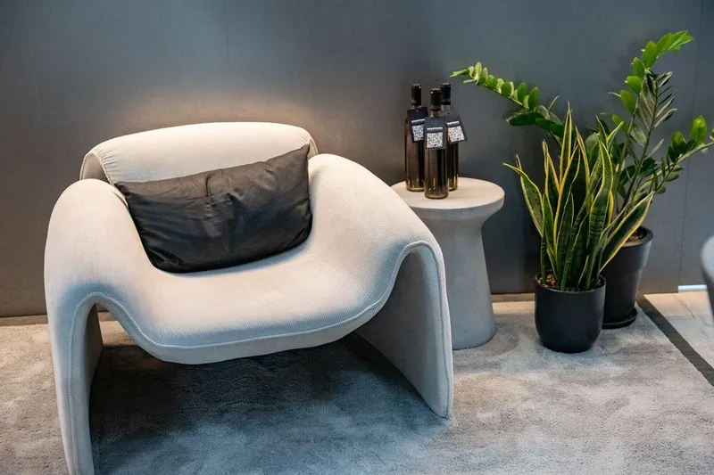 Eva Yacht Photos Pics Modern lounge chair with black cushion, side table, and potted plants on a gray carpet.