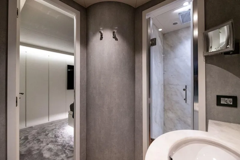 Eva Yacht Photos Pics Luxurious bathroom interior on Tecnomar Velvet 36 EVA yacht, featuring modern design and marble accents.