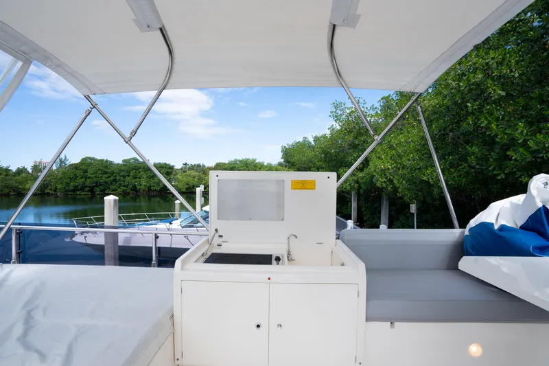  Yacht Photos Pics Flybridge view of 2018 Ferretti Yachts 450 Fly, featuring outdoor seating and sink.