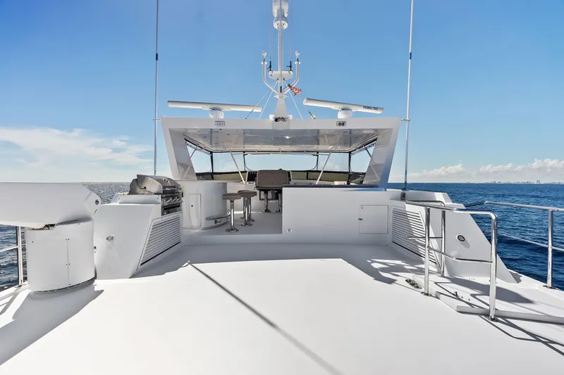 Bravo Zulu Yacht Photos Pics Luxurious 1997 Westship Raised Pilothouse Motor Yacht deck with ocean view.